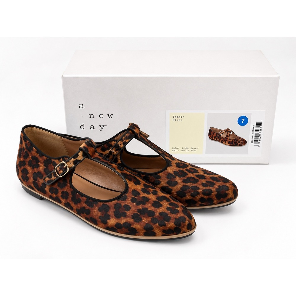 A New Day Tamsin Flats Leopard Print T-Strap Mary Jane Shoes Light Brown Size 7